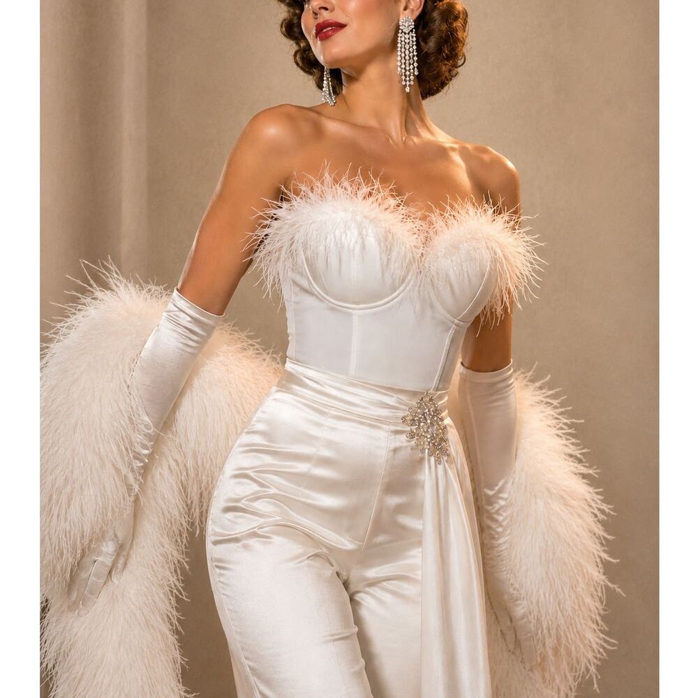 White Feather Trim Corset Bustier Strapless Party Halloween Sz. Small Costume
